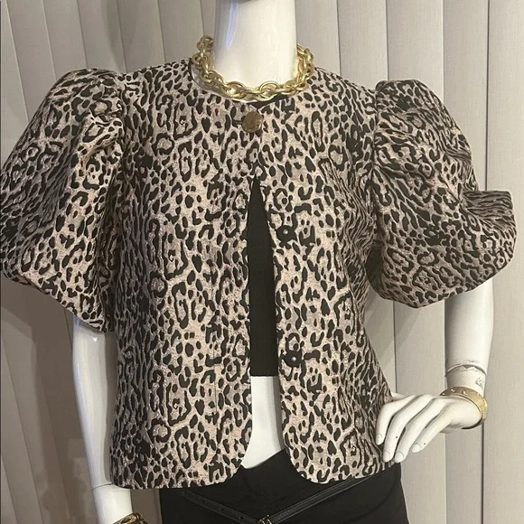 H&M Leopard Print Puff Sleeve Pea Coat - Picture 4 of 7